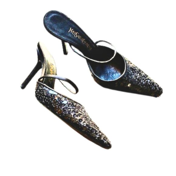 Yves Saint Laurent YSL Vintage Black Sequin Slide Pumps - Picture 7 of 7